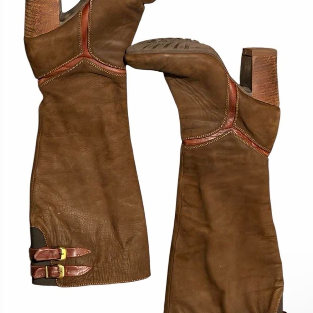 Que Cueros Brown Leather Knee High Boots Size 8 Buckle Chunky Heel
